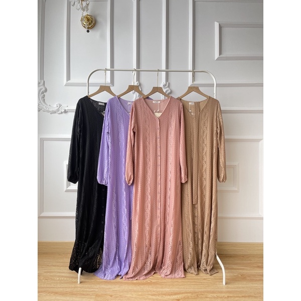 Kimi Dress Brokat Pesta V-neck / Gamis Brukat Import Hijab dan Busui Friendly dengan Sabuk