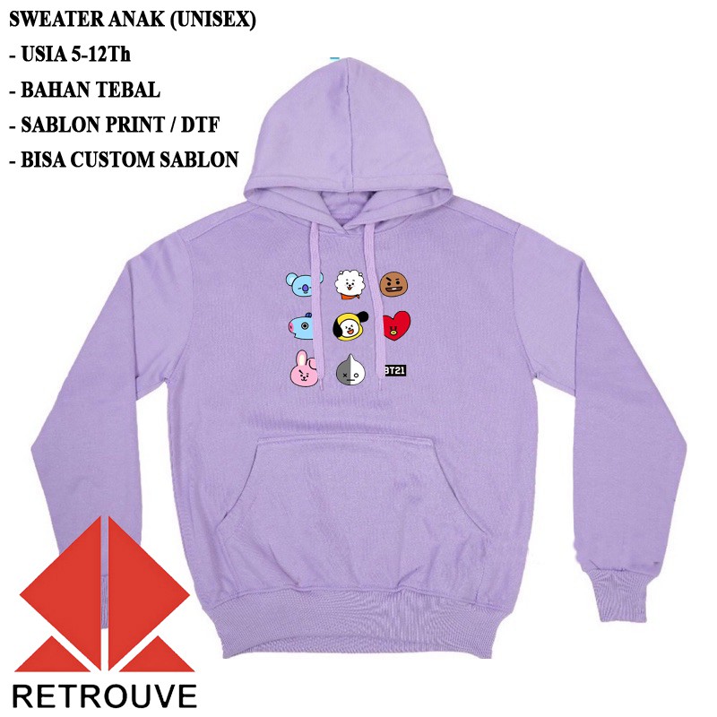 Jaket Sweater Hoodie Anak Anak BT21 x BTS Karakter