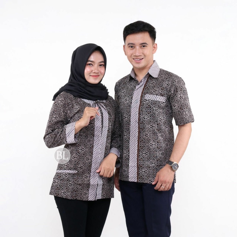 Atasan Blouse Batik Wanita Terbaru Couple Batik Hem Pria Lengan Pendek Best Seller - Motif Moca Abu