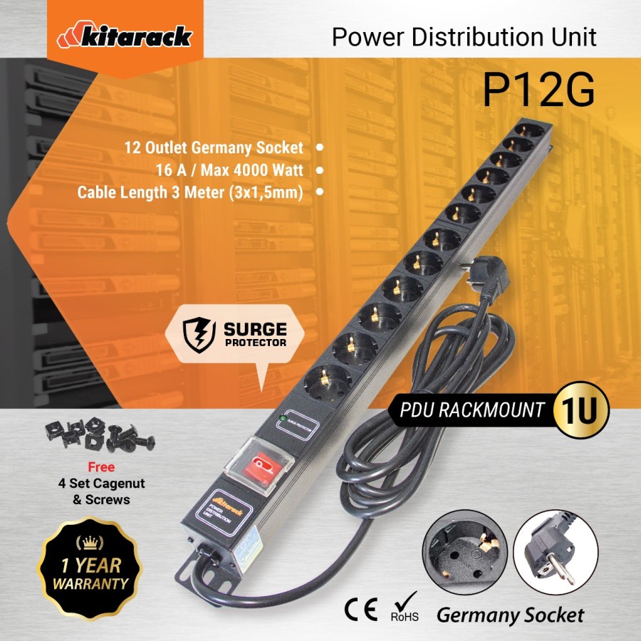 KITARACK P12G Power Distribution Unit 1U 12 Outlet Germany Socket 16A