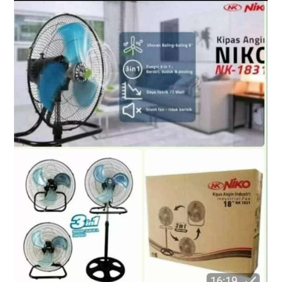 NIKO NK 1831 - Kipas Angin 3in1 Stand, Wall &amp; Desk Fan 18&quot; / Kipas Angin Besi Industrial Fan 18 Inch