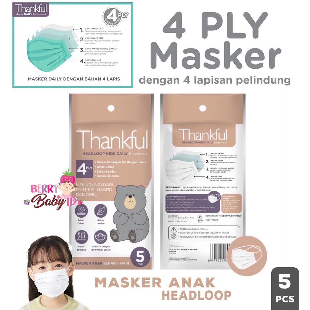 Thankful Masker Medis Anak Headloop 4 Ply Kids Face Mask Sachet 5 pc Berry Mart