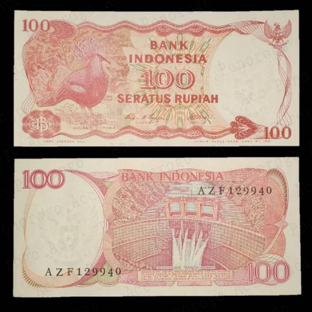 (GRESS/UNC) Uang kuno 100 rupiah burung dara goura victoria tahun 1984 uang kino rp.100 burung