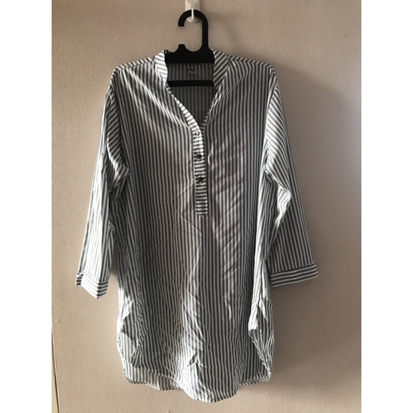 kemeja rok dress lengan tangan panjang biru putih garis kancing pantai santai wanita