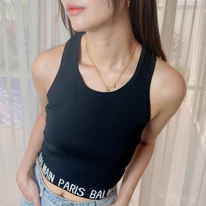 【Elegant】Sleeveless Crop Tops Off Shoulder Knitted Stretchy Tank Tops  7435