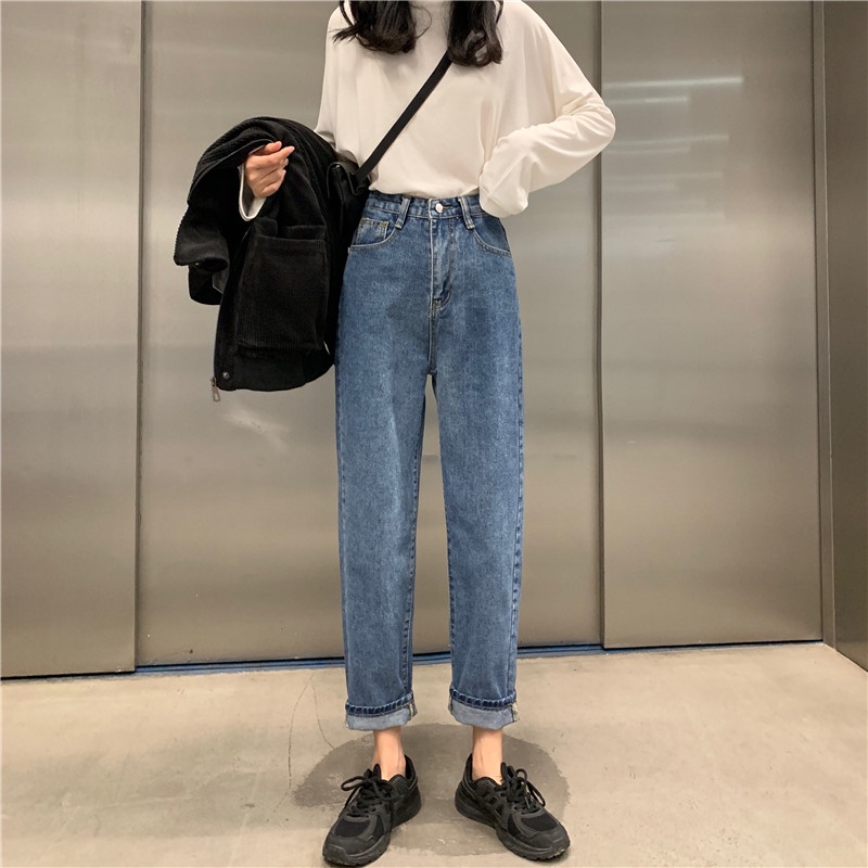 2 warna Jeans celana cropped denim straight pants fashion Korea style wanita