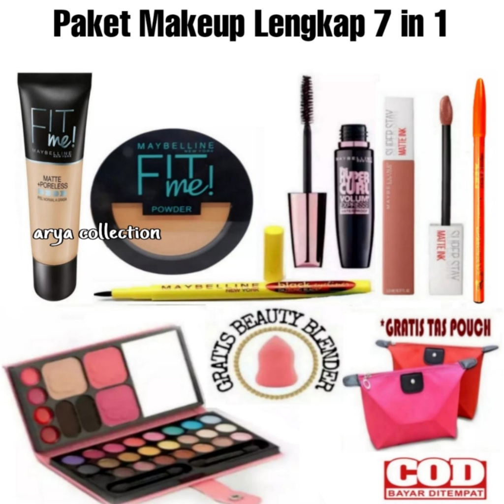 Paket Kosmetik Maybelline Set 7 in 1 - Paket Makeup Wanita Lengkap Super Murah 7 in 1 Bedak Padat Basah/ Free Tas Pouch+ Spoon