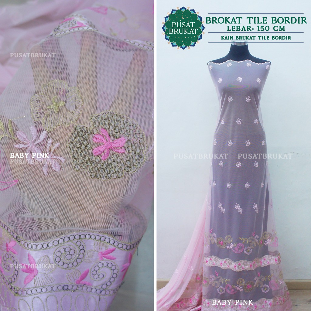 KAIN BRUKAT TILE BORDIR / BROKAT TULLE BORDIR BABY PINK, LEBAR 150CM [harga per 0.5m]