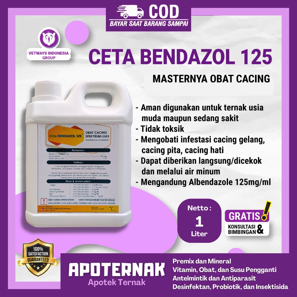 CETA BENDAZOL 125 | Obat Cacing Pada Ternak Sapi Kerbau Kambing Domba Ayam | 1 Liter | Apoternak