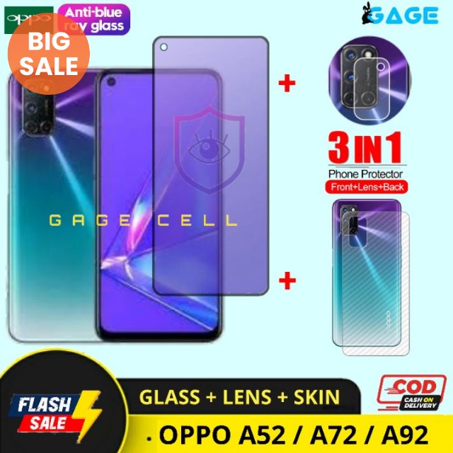 PAKET 3 IN 1 - TEMPERED GLASS ANTI RADIASI BLUE LIGHT OPPO A52 A72 A92 FULL LAYAR SCREEN PROTECTOR