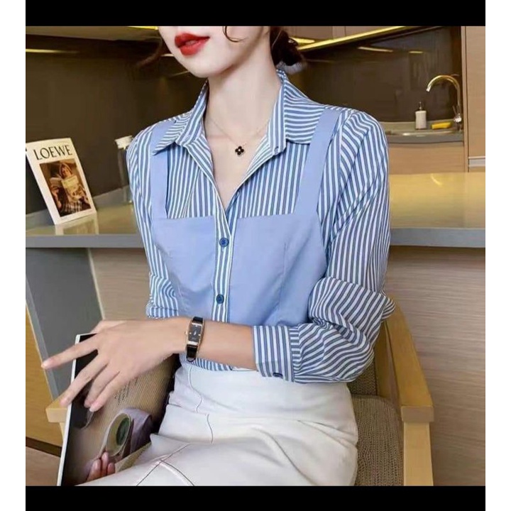 Kemeja wanita lengan panjang import Bangkok its me basic bahan katun premium-Garis biru