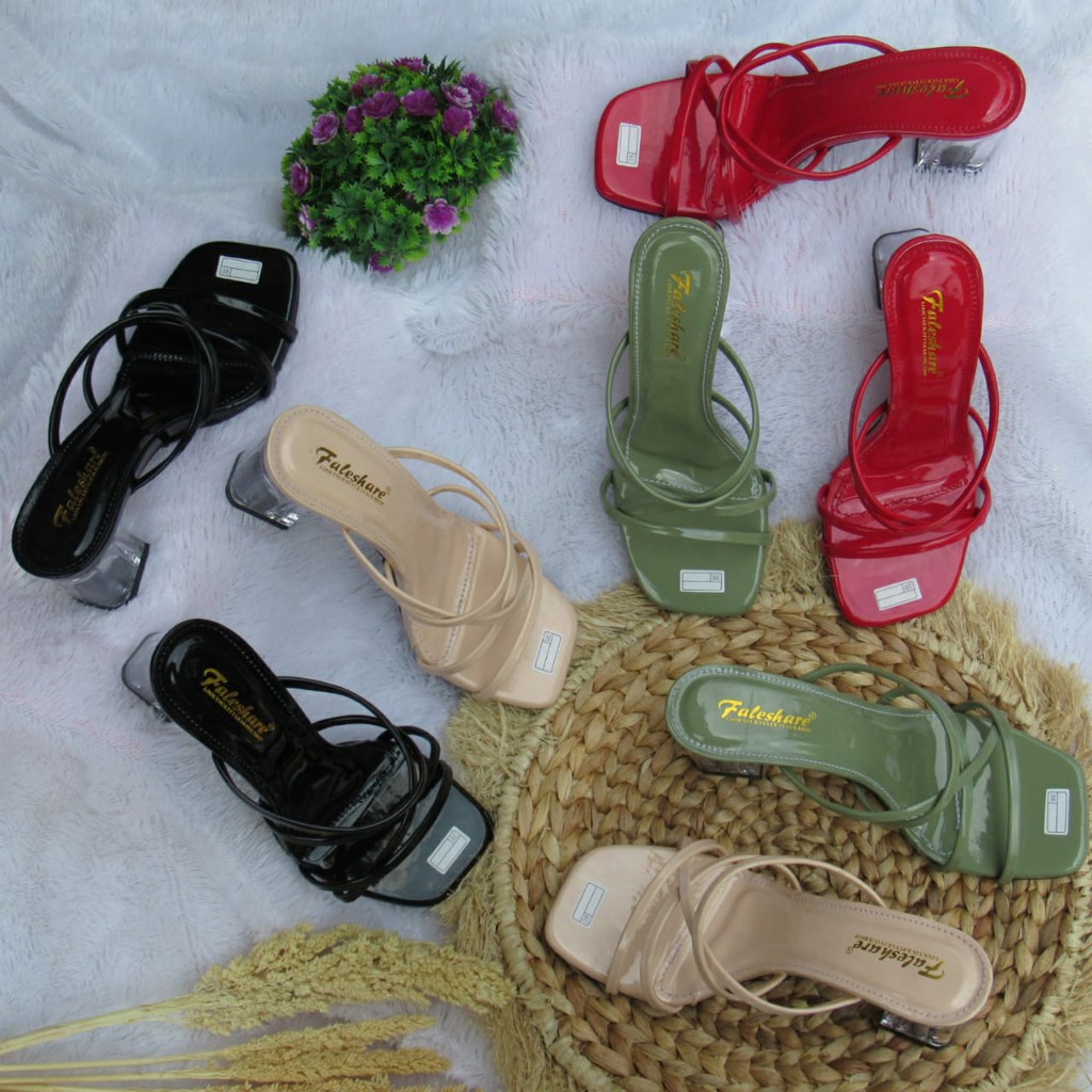 Sandal wanita hak kaca 7cm slop tali silang