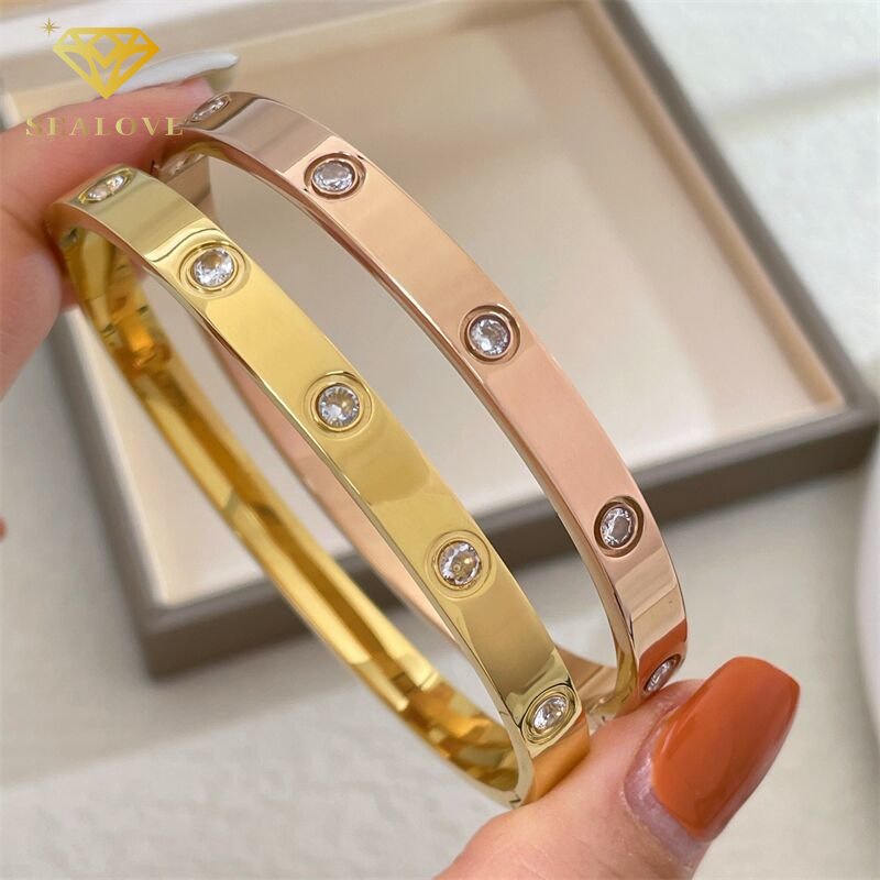 Gelang Tangan Titanium Wanita Berlian Premium Lapis Emas 18K Bulat Anti Karat Bangle Korea Perhiasan