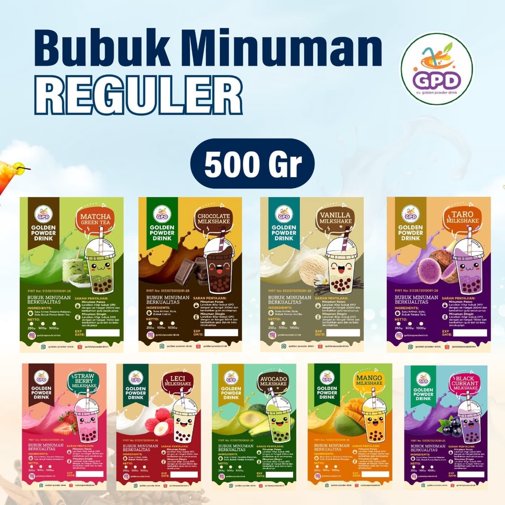 

GPD POWDER REGULER 500 GR | BUBUK MINUMAN REGULER | Bubuk Minuman Aneka Rasa 500 gram | Powder Drink Stroberi Coklat Matcha Redvelvet Vanilla Latte Taro