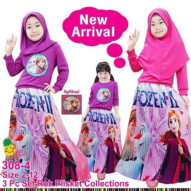 SETELAN MUSLIM GAMIS ANAK LITTLE PINEAPPLE ROK PLISKET FROZEN II