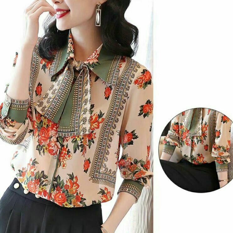 6353 Baju atasan kemeja blouse TIE NECK motif bunga flower floral kerja kantor Korea Korean style wa