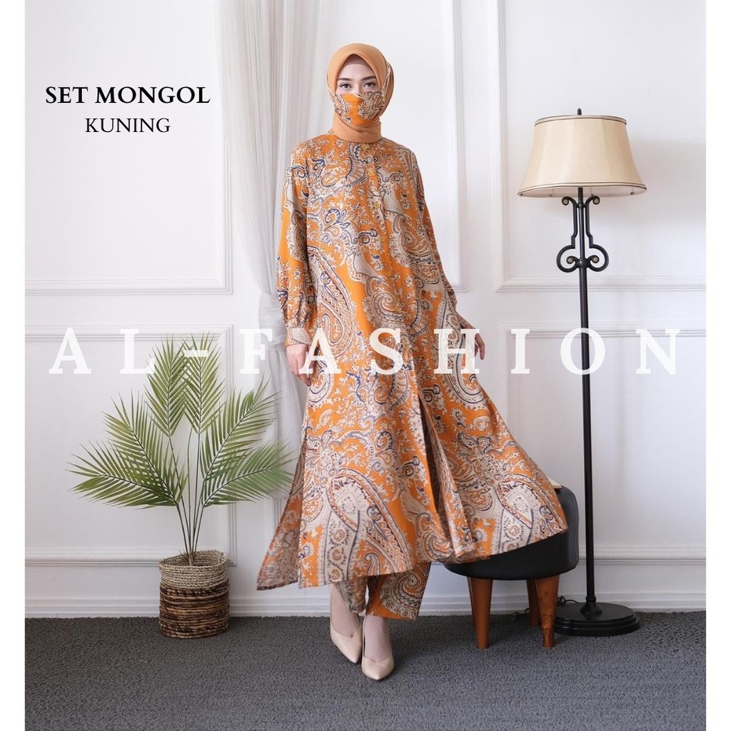 One Set Celana Rayon + Long Tunik Wanita Kekinian 2021 Tunik Arab Mongol