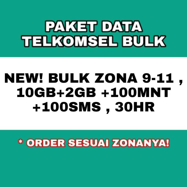 Paket data telkomsel bulk zona 9-11 10gb plus 2gb plus 100menit dan 100 sms paket telepon dan sms