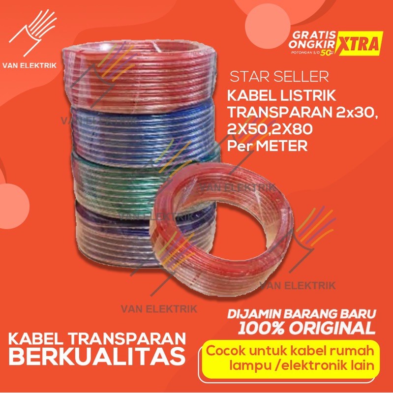 KABEL LISTRIK TRANSPARAN 2x30, 2X50, 2X80 Per METER ...