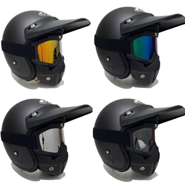 Helm Retro Jpn Gunmet Dof Pet PANJANG Dengan Goggle Mask