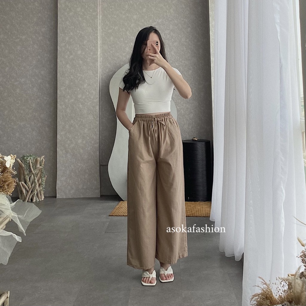 ASOKA Celana Kulot Linen Highwaist Pinggang Karet Wide Leg Cullote 552