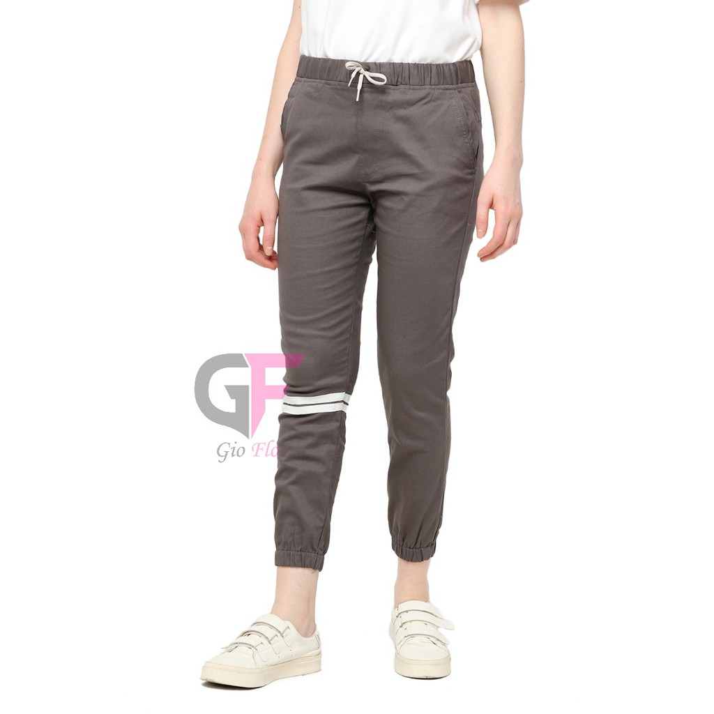 GIOFLO Pakaian Wanita Celana Jogger Kasual Panjang Strip Abu / CLN 956