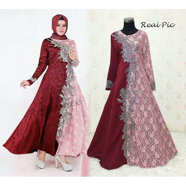 TERMURAH   BAJU GAMIS PESTA WISUDA GAMIS PERNIKAHAN BROKAT BRUKAT KOMBINASI POLOS MODERN SISKA