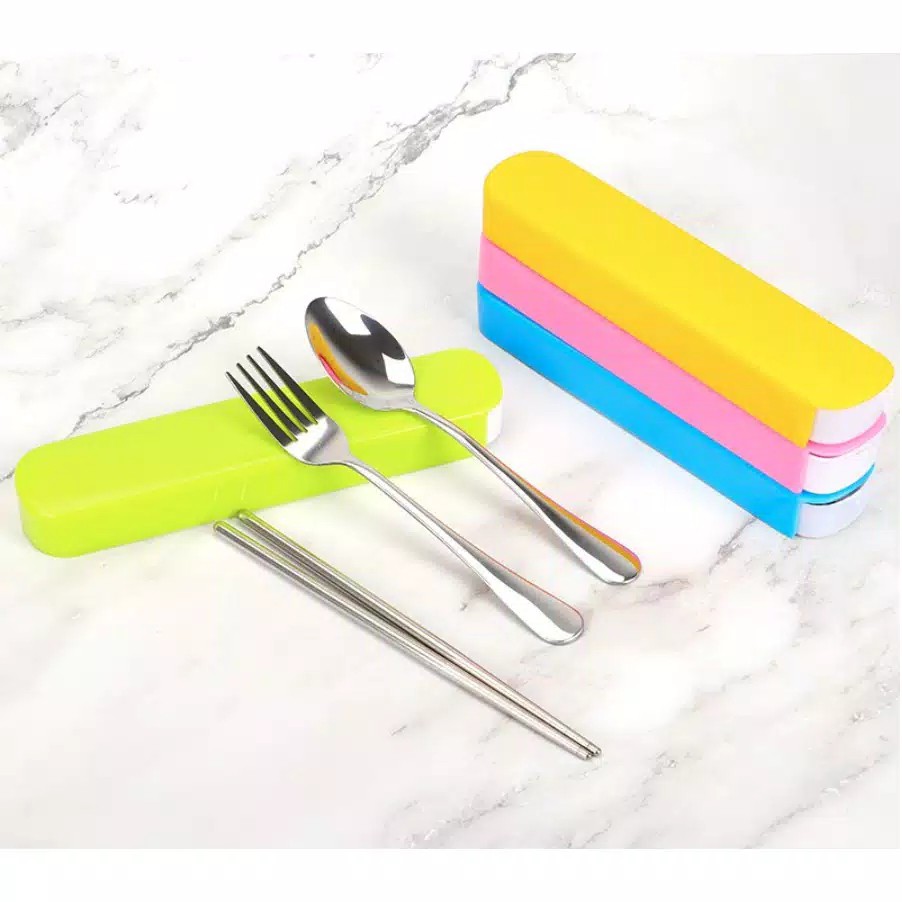 Sendok Set kotak plastik Stainless Alat Makan spoon garpu sumpit travel Sendok set travel sendok