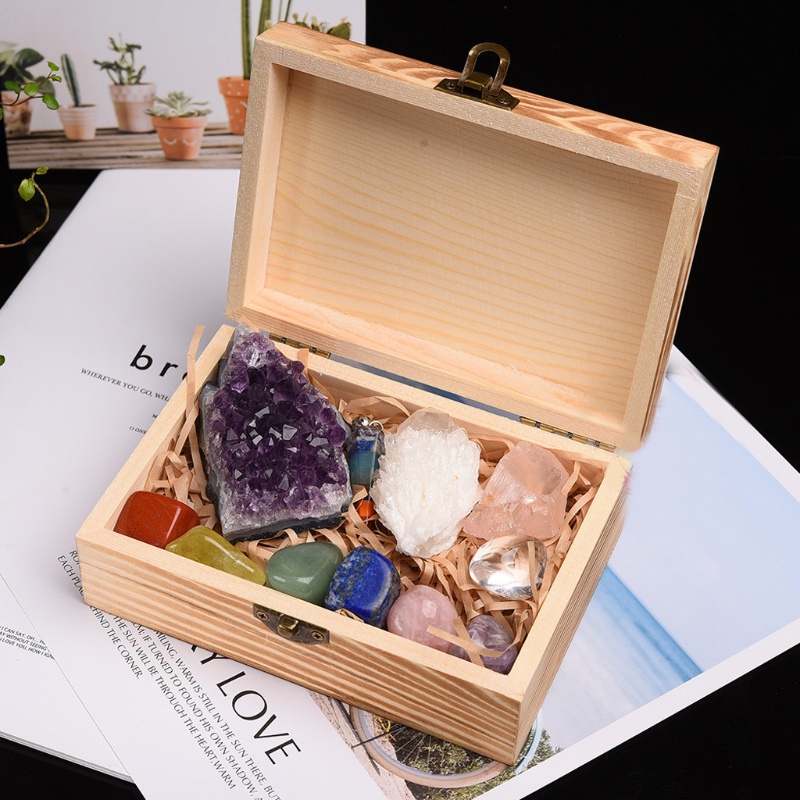 SIY  11Pcs Crystals and Healing Stones Kit With Wood Box 7 Raw Chakra Pendulum Stones