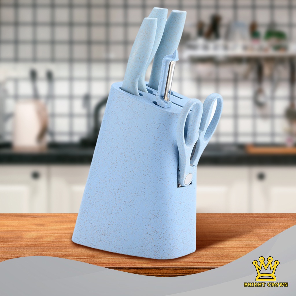 Bright Crown Pisau Dapur Set 6 in 1 / Kitchen Knife Set 6 in 1 Dengan Wadah Berkualitas-A-Pisau Set Biru