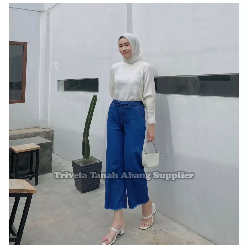 Rubber Cullotes / Celana Kulot Jeans Karet Pinggang Wanita