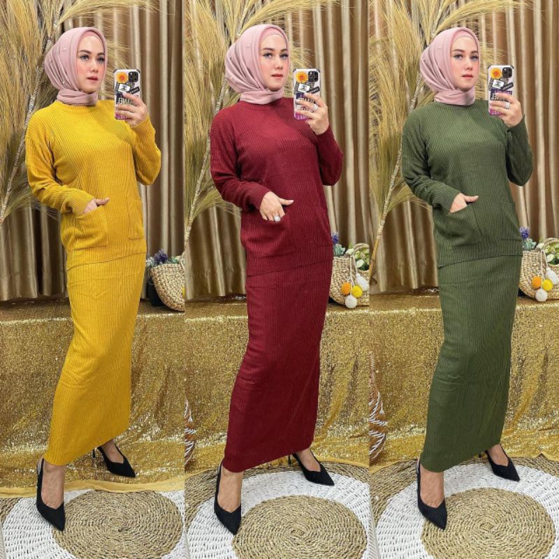 baju wanita rajut set batwing