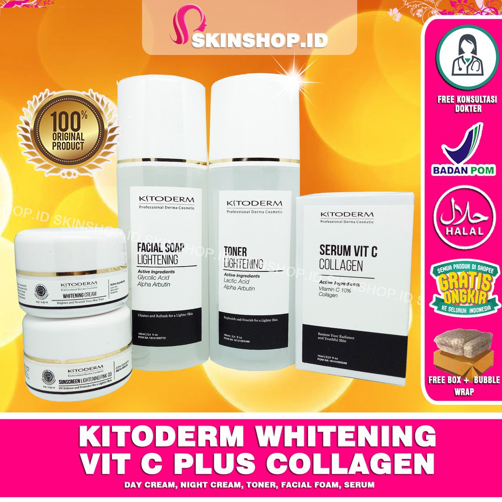 PAKET Kitoderm Whitening Vit C Plus Collagen Original / Paket Memutihkan Anti Kusam isi 5 BPOM Aman