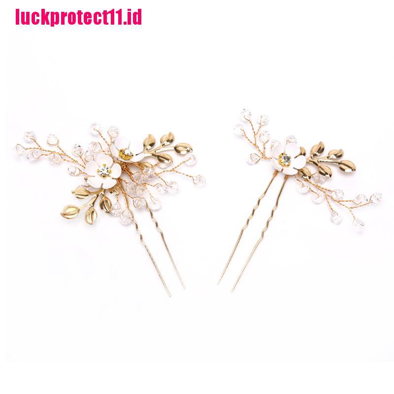 (LUCK) 2pcs / Set Jepit Rambut Desain Bunga + Daun Gold Hias Berlian Imitasi Handmade Untuk Pengantin Wanita