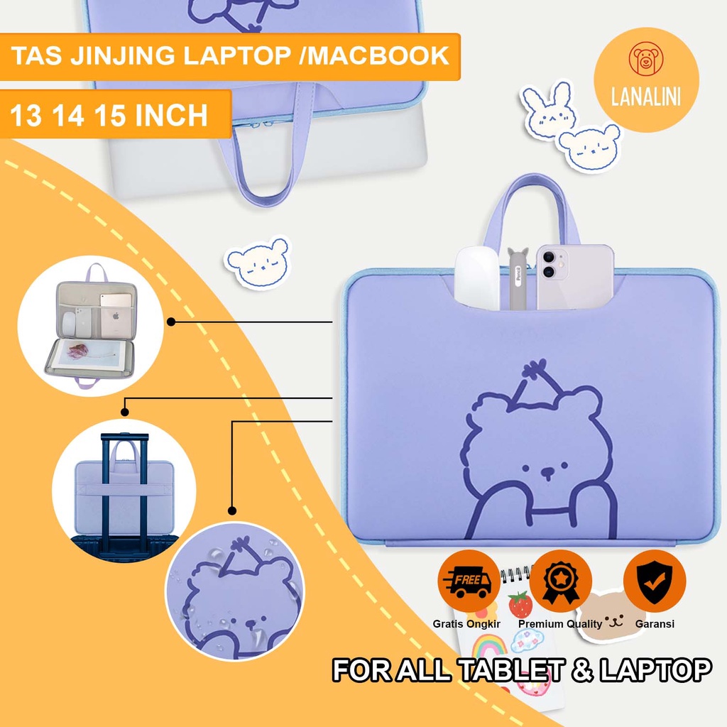 Sleeve Pouch Sarung Tas Bag Case Ipad Tab Tablet Macbook Air Pro Laptop Asus Acer Lenovo HP Huawei 11 12 13 14 15 inch Motif Gambar Kartun Cartoon Bear Beruang Warna Ungu Purple Lilac Cute Murah Korean Model Jinjing Tali Strap Waterproof Tahan Air