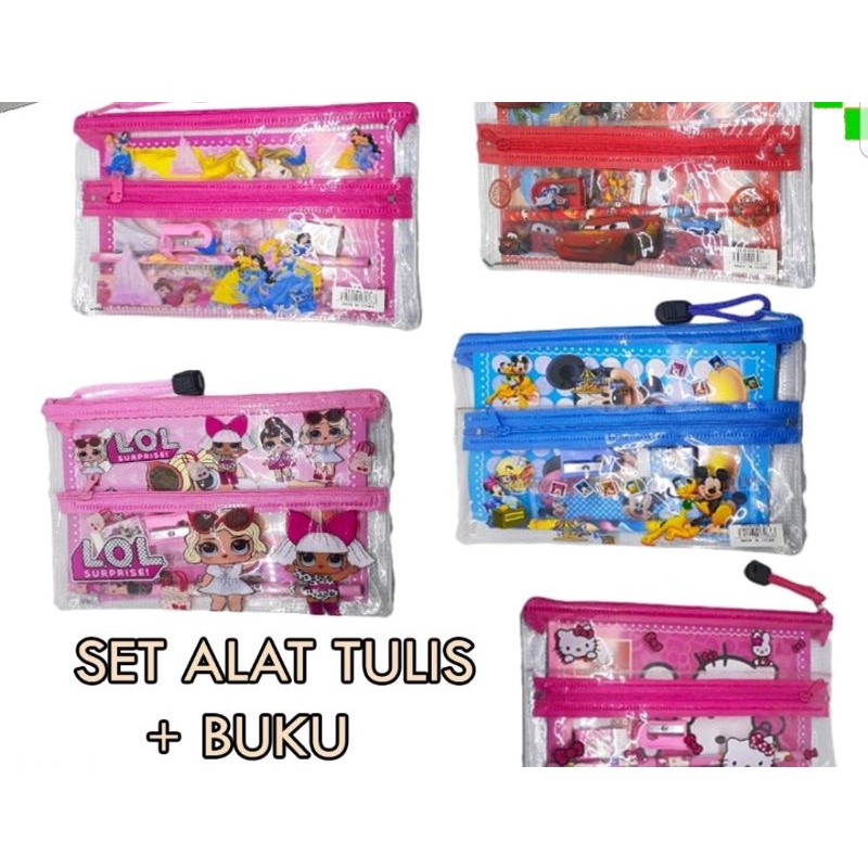 

1 Set Alat Tulis/ Study Set Pouch Plastik Motif Karakter Alat Tulis Anak Sekolah Buku Pulpen Penghapus Pengaris Import