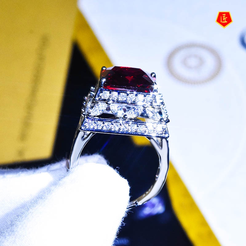 [Ready Stock]Natural Ruby Square Diamond Open Ring Creative Pagoda Shape