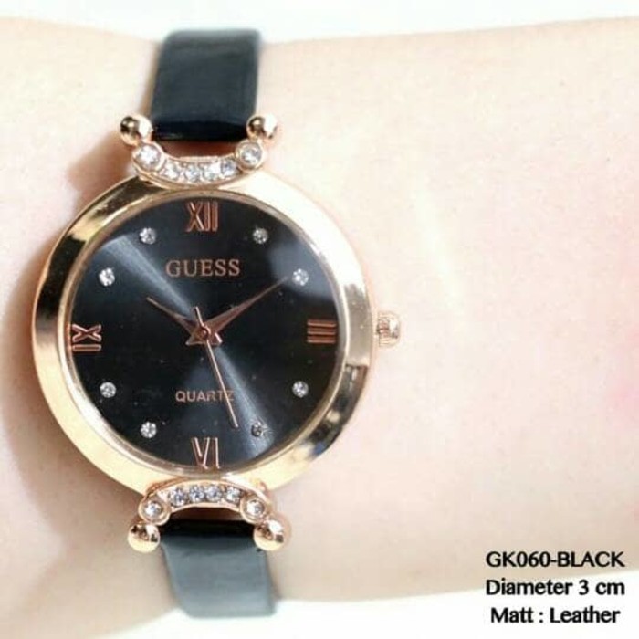 jam wanita Guess tali kulit ring rose gold