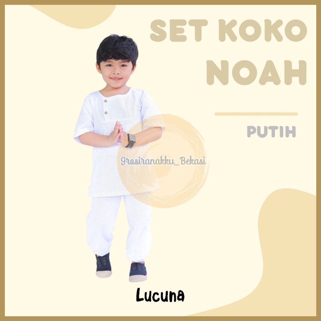 Setelan Koko Noah Putih Manasik Haji Anak Lucuna Size 1-5Tahun