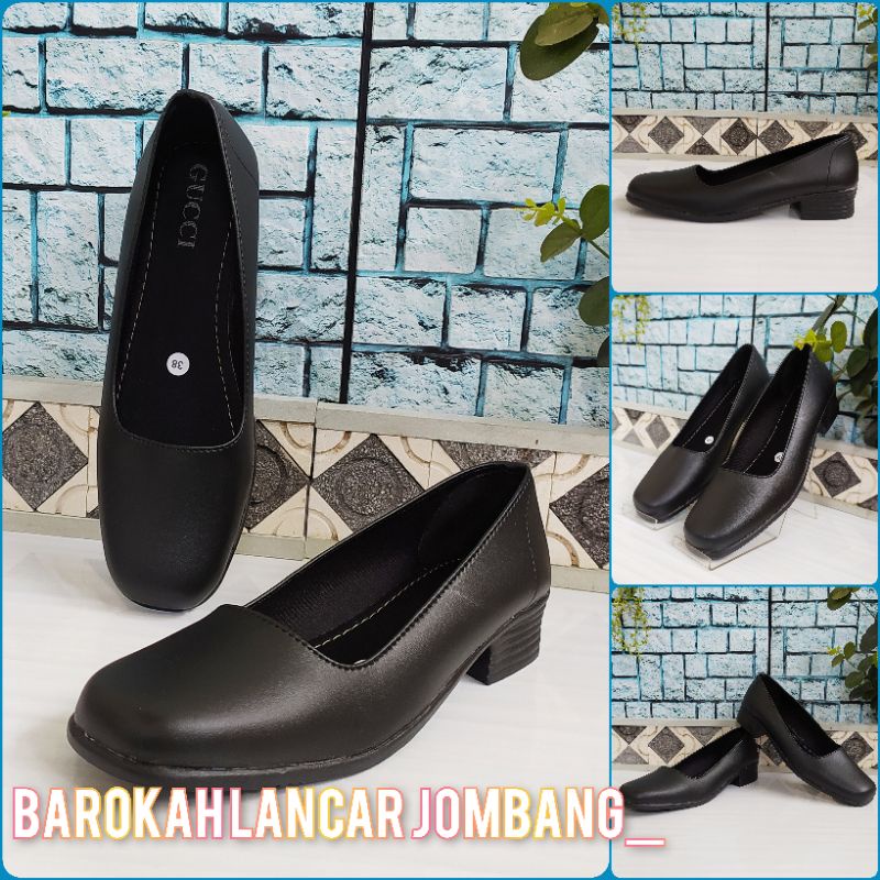 Sepatu Pantofel Wanita 3cm Hak Tahu Hitam Polos Formal Guru Sekolah Kantor Kerja PB 01