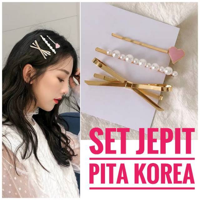 Set 3 pcs jepit rambut mutiara model pita korea. Jepit poni set jepit rambut mutiara hati / love