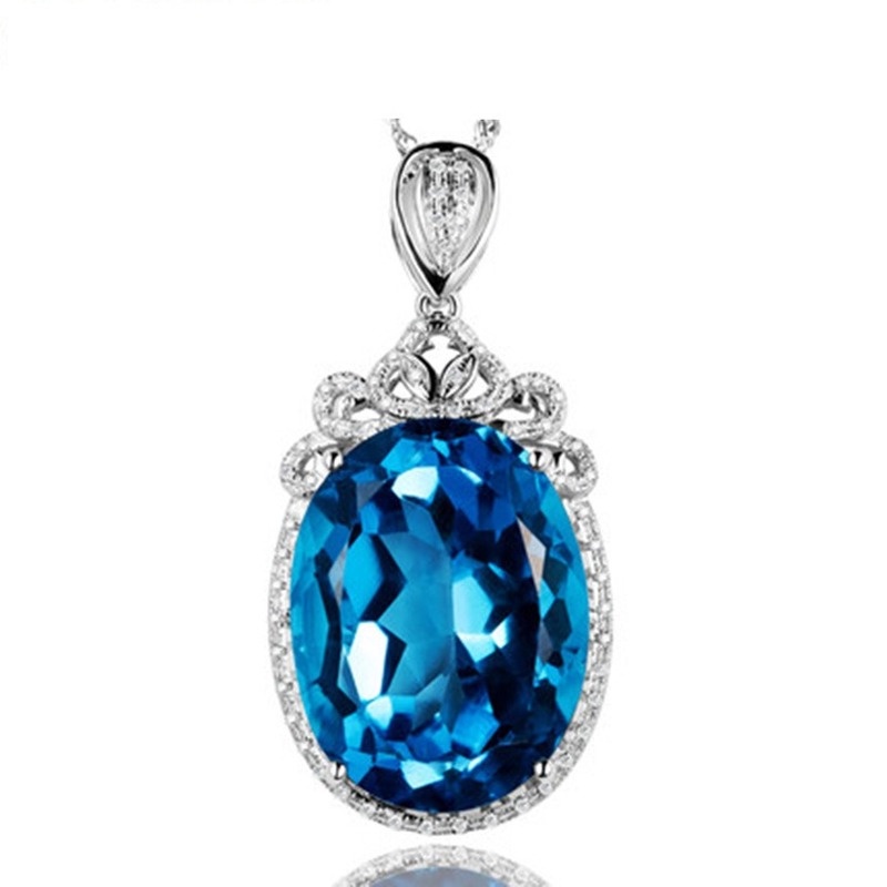 [Ready Stock]Fashion New Inlaid Blue Gem Pendant Silver Plated Necklace