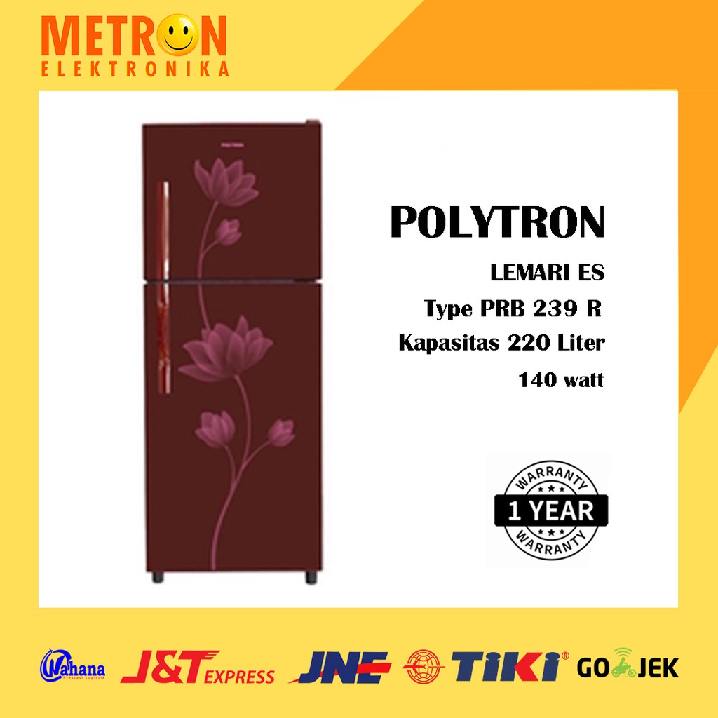 POLYTRON PRB 239 R / RED METAL DOOR KULKAS LEMARI ES 2 PINTU 220 LITER TEMPERED GLASS / PRB239R