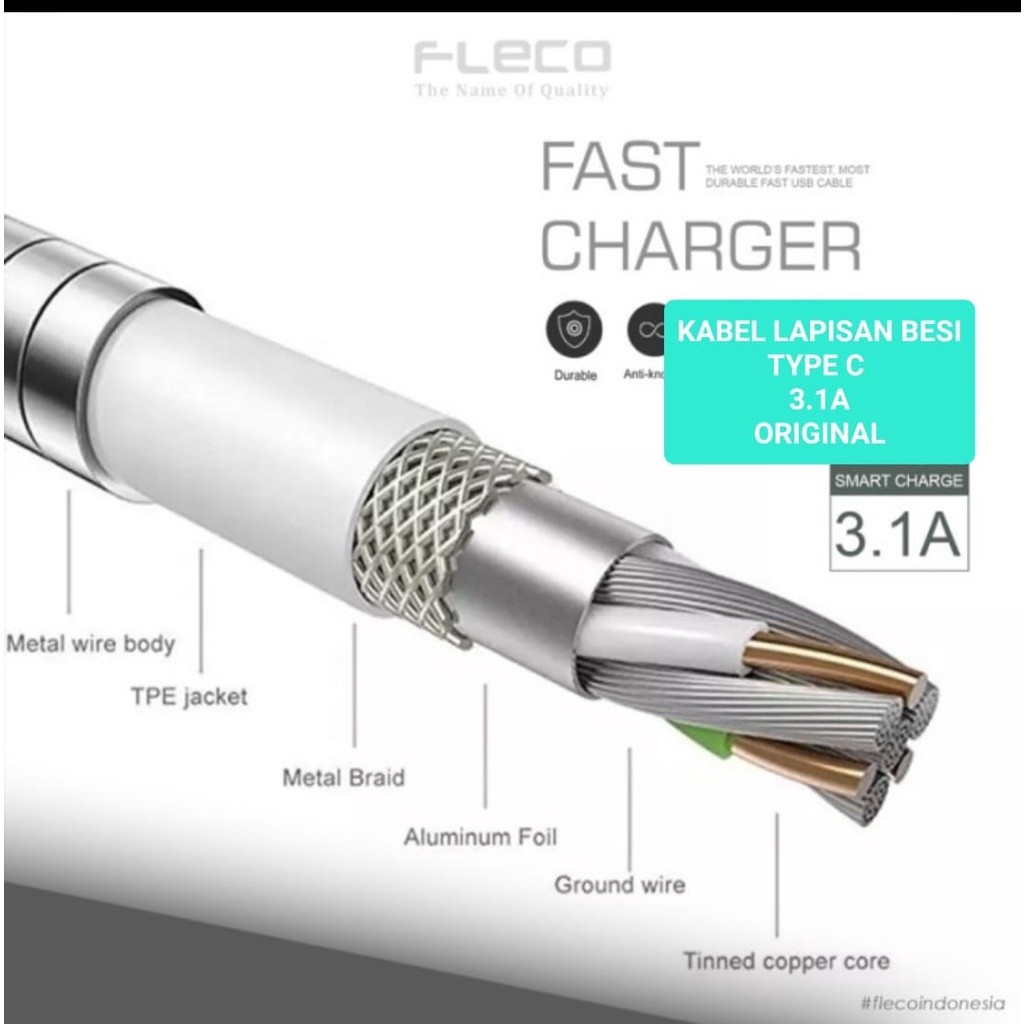 J409 FLECO KABEL DATA FAST CHARGING LAPISAN BESI TYPE C 3.1A METAL SUPER CABLE CHARGER CHARGE FLASH QUICK FASTER J409  usb kabel data metal 3.1A fast charging cable cas qualcom quick charge flash maximum speed quallcom charger hp handphone androi