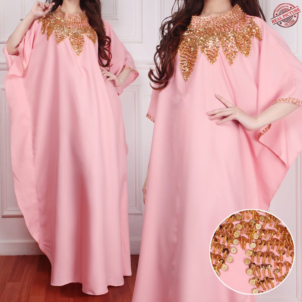 HOPYLOVY - Dress Wanita Model Kaftan Kombinasi Manik Matahari bahan Wollcrepe