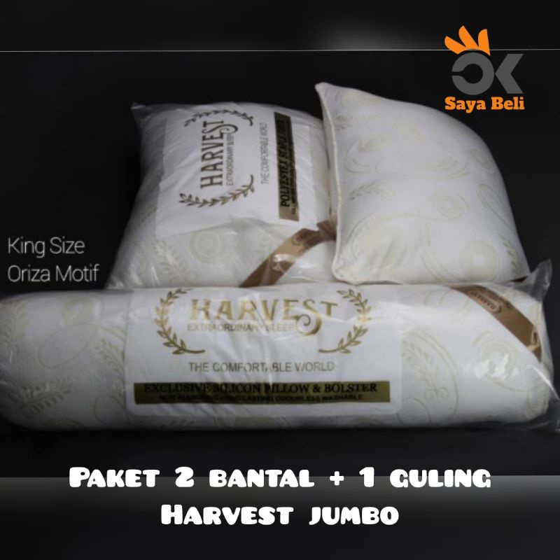 [3in1 JUMBO] PAKET ISI 2 BANTAL &amp; 1 GULING HARVEST ORIGINAL PUTIH/ GOLDEN BLACK HITAM SIZE JUMBO 1.100 GRAM/ MEDIUM 850 GRAM