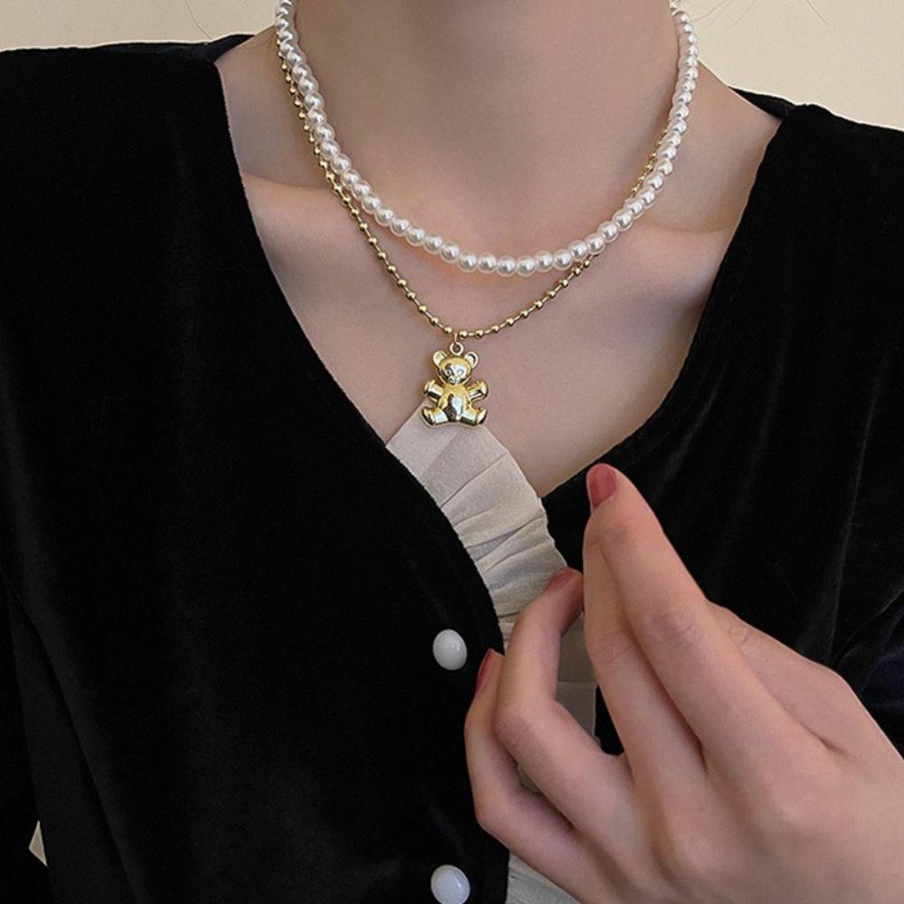 Mxbeauty Kalung Beruang Mutiara Berlapis Ganda Temperamen Vintage Perhiasan Perempuan Desain Rasa Hadiah Untuk Her Korean Style Necklace