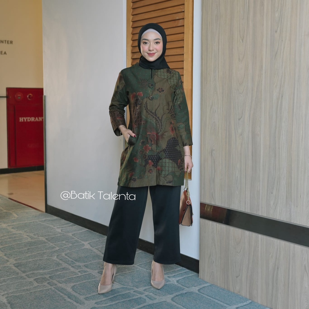 Baju Batik Atasan Wanita - Blouse Batik - Blus Batik Kerja - Baju Batik atasan - Premiun hijau