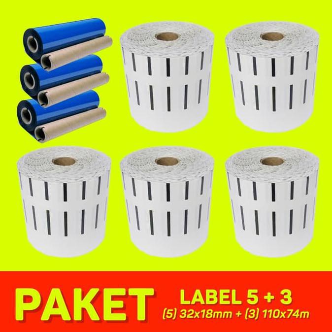 

Monggo] Paket Label Ribbon Barcode 5 + 3 ( Semicoated 32X18Mm + Wax 110X74M )