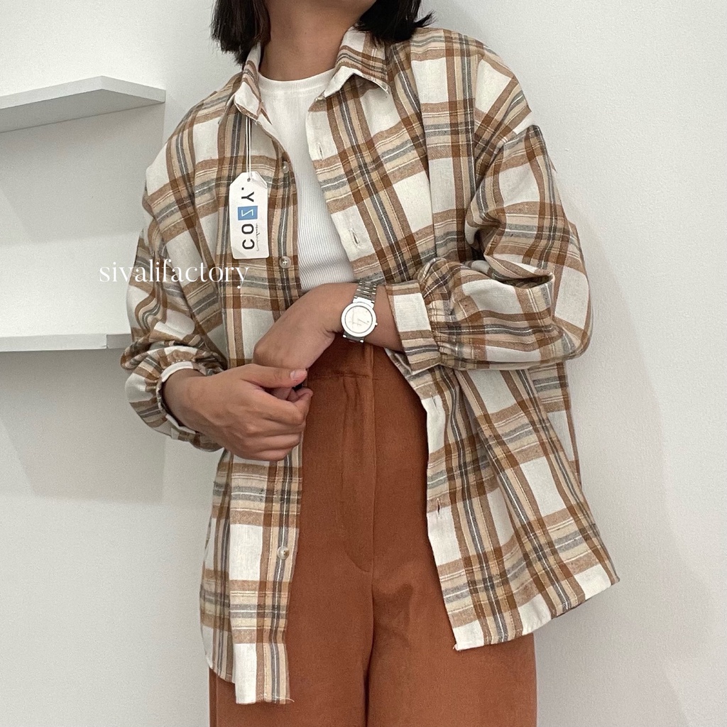 SIVALI Kemeja Flanel Blouse Kotak Tartan - Kotak Baju Korean Style Wanita Kemeja Wanita Casual